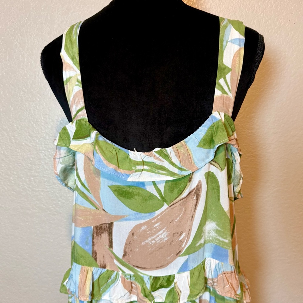 Girl And The Sun Ruffle Sun Dress Watercolor Leaf Print White Green Tan Size XL - Picture 8 of 14